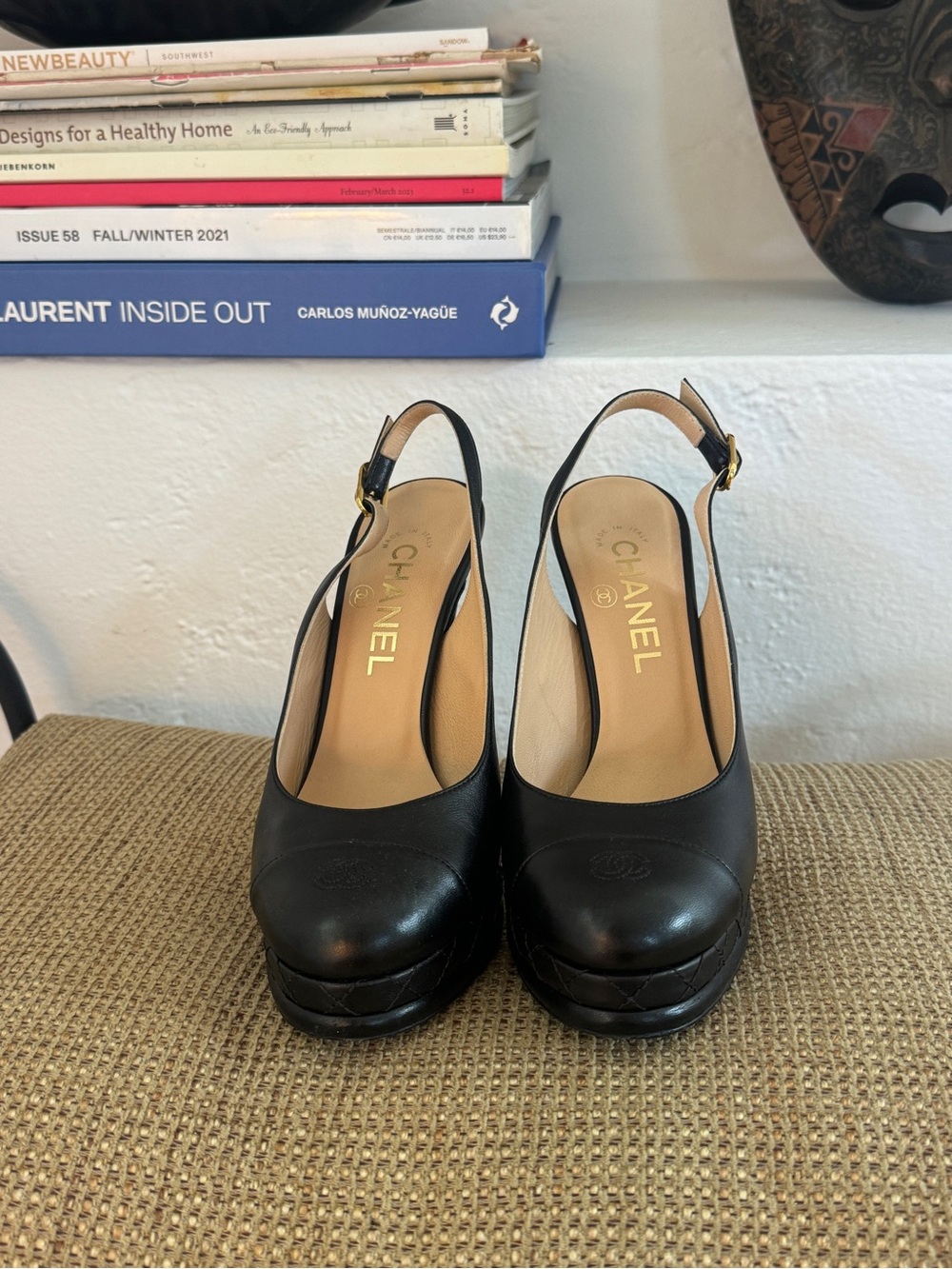 CHANEL Black Leather Slingback Platform Mules